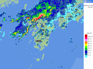 集中豪雨の典型パターン (国交省HP レーダー 19:00)