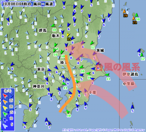 台風の風系を卓越するシアライン(気象庁HPアメダス)
