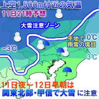 関東北部や甲信で積雪