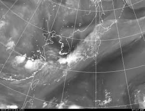 豪雨の背後に暗域　(気象庁HP 水蒸気画像 08:00)
