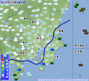 1℃の雨雪攻防 (気象庁アメダス気温 22:00改)