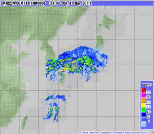 前線付近で雨雲発達 (気象庁レーダーHP 14:00)